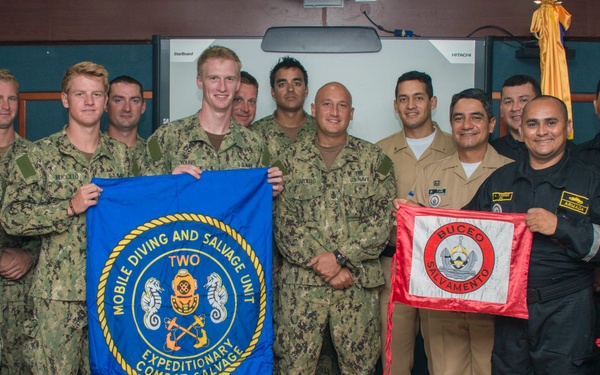 US Navy divers in a closing ceremony with Colombian divers as part of Southern Partnership Station '14.