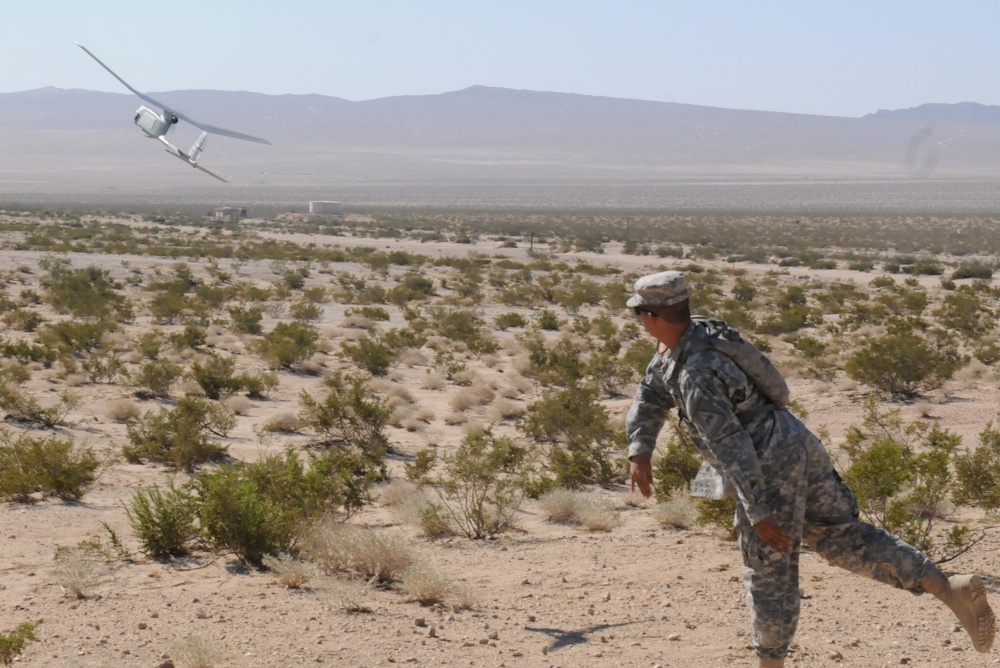 Soldier launches Raven Unmanned Aerial System
