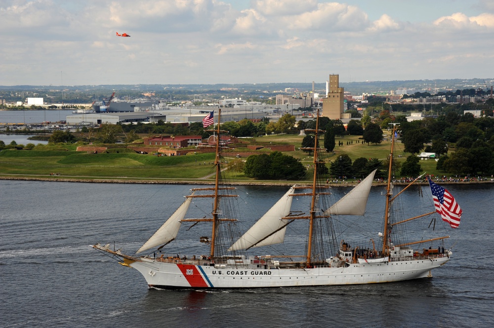Coast Guard Cutter Eagle departs Baltimore’s Inner Harbor following the Star-Spangled Spectacular event