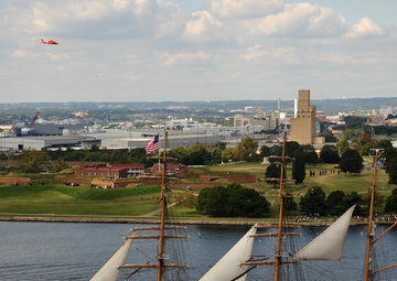 Coast Guard Cutter Eagle departs Baltimore’s Inner Harbor following the Star-Spangled Spectacular event