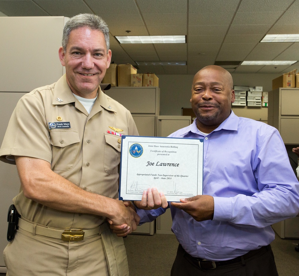 Commander of Joint Base Anacostia-Bolling recognizes quarterly award winners for April to June 2014 period