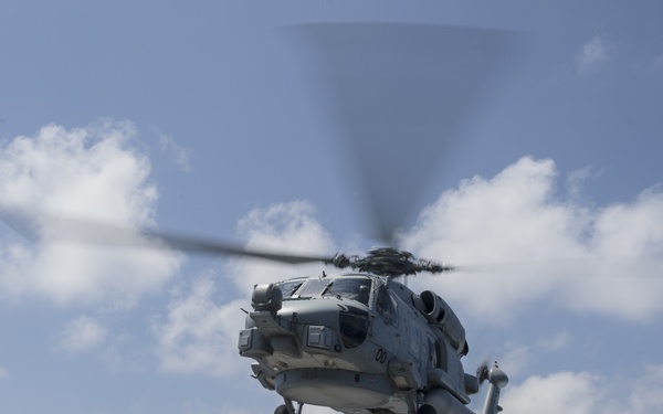 USS Rodney M. Davis flight deck operations with HSM-51
