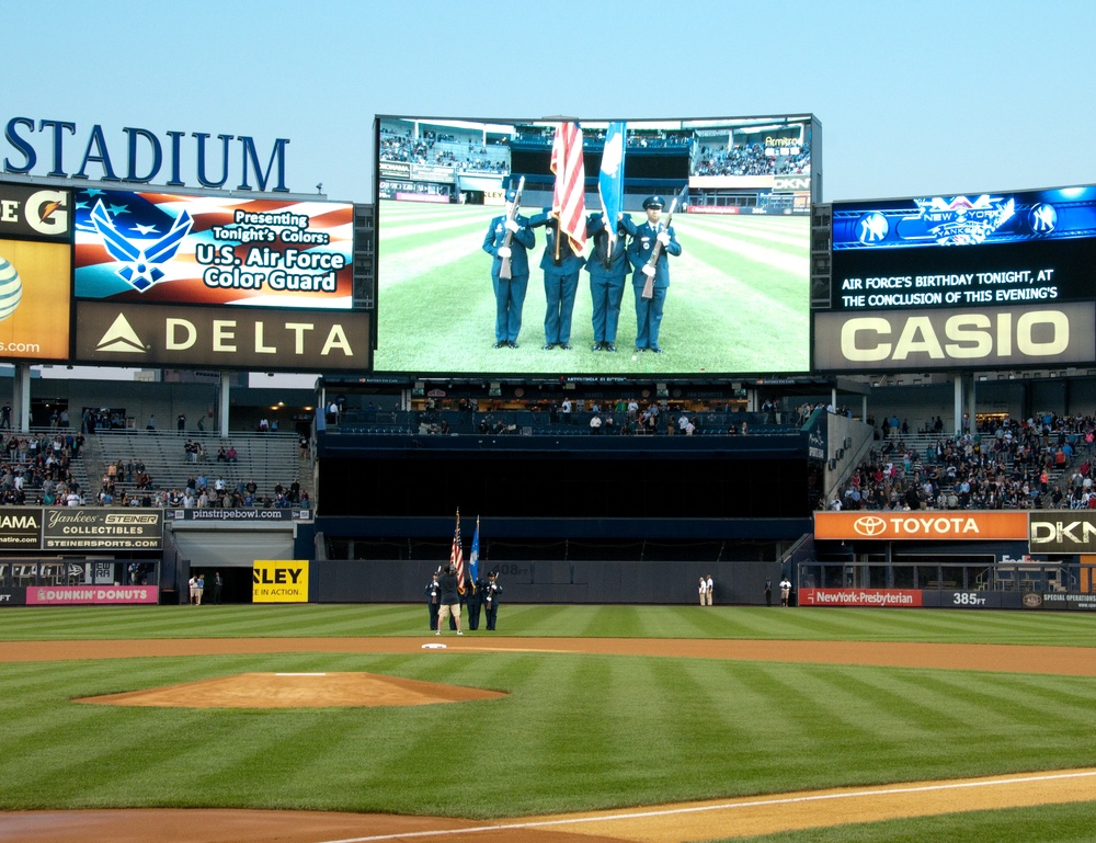 US Air Force Color Guard post the colors at Yankee Stadium for USAF's 67th birthday