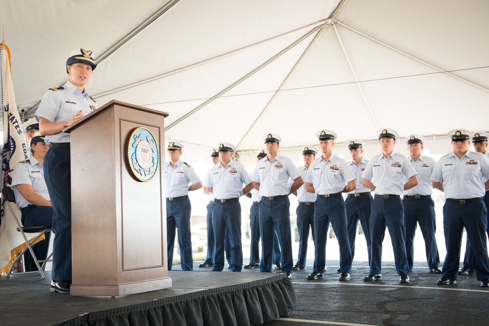 Lt. Anna McNeil, commanding officer of Coast Guard Cutter Jefferson Island, offers remarks during Decommissioning Ceremony