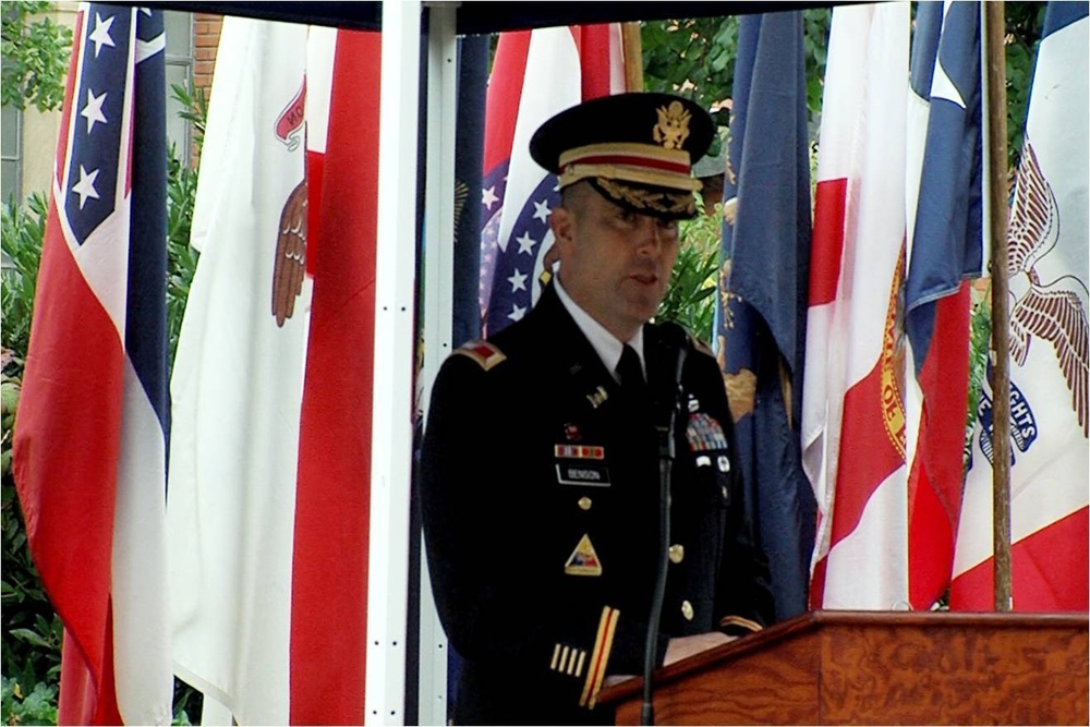 US Army Col. Christopher M. Benson, commander of U.S. Army Garrison Ansbach, gives remarks on the closing of USAG Bamberg