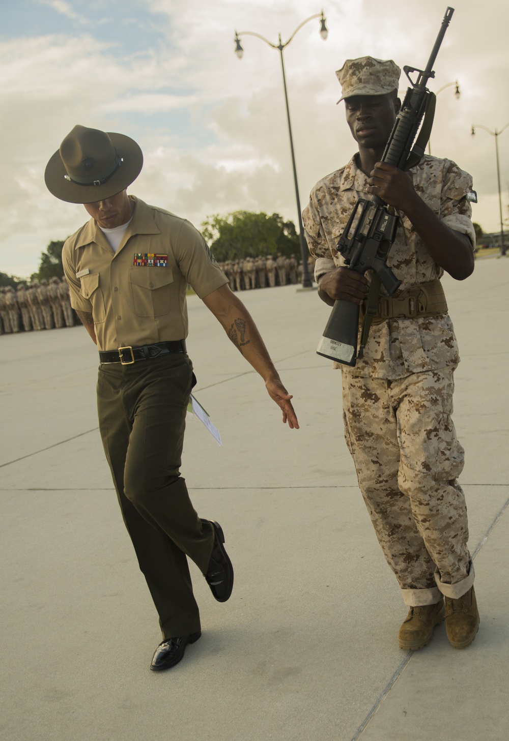 Marine recruits develop unit cohesion through close-order drill on Parris Island