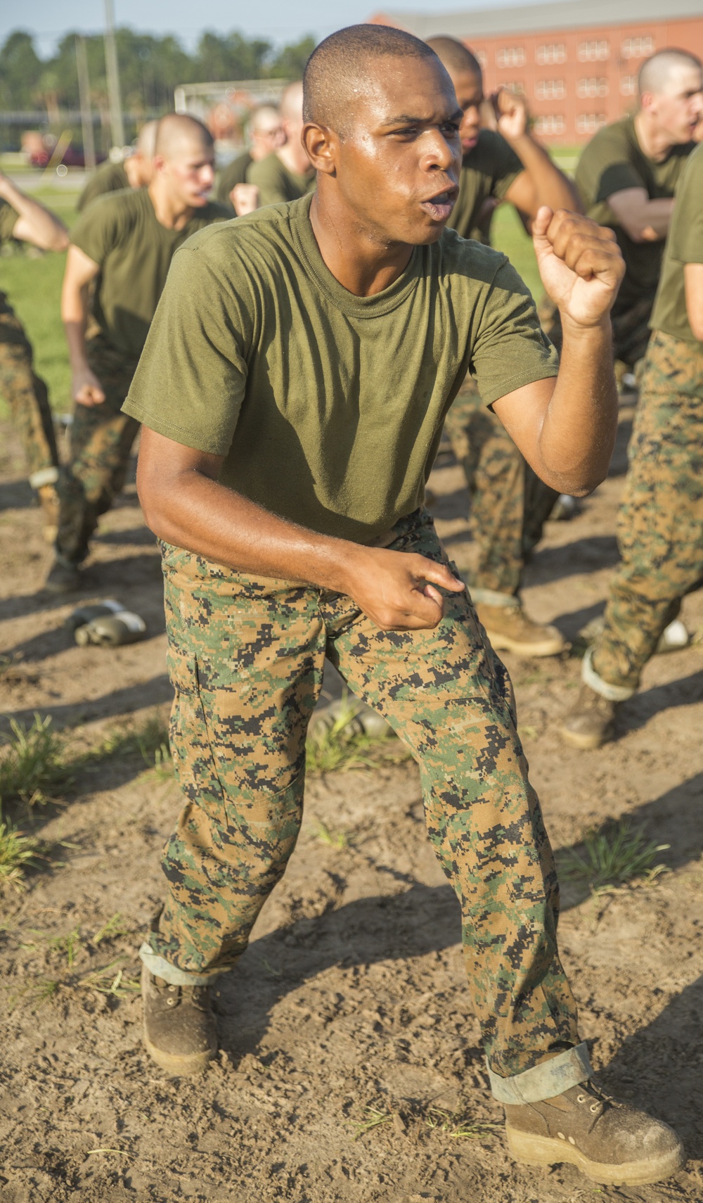 Parris Island recruits strike blows during Marine Corps martial arts training