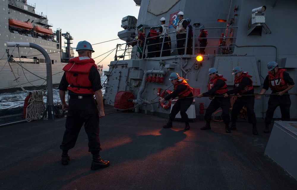 USS Mitscher refueling at sea