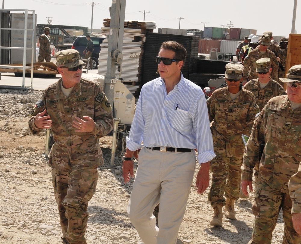 Brig. Gen. Donnie Walker Jr. discusses retro-sort operations with New York Gov. Andrew Cuomo