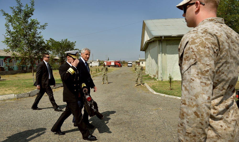 Secretary of Defense Chuck Hagel prepares to address joint force with Georgian Defense Minister