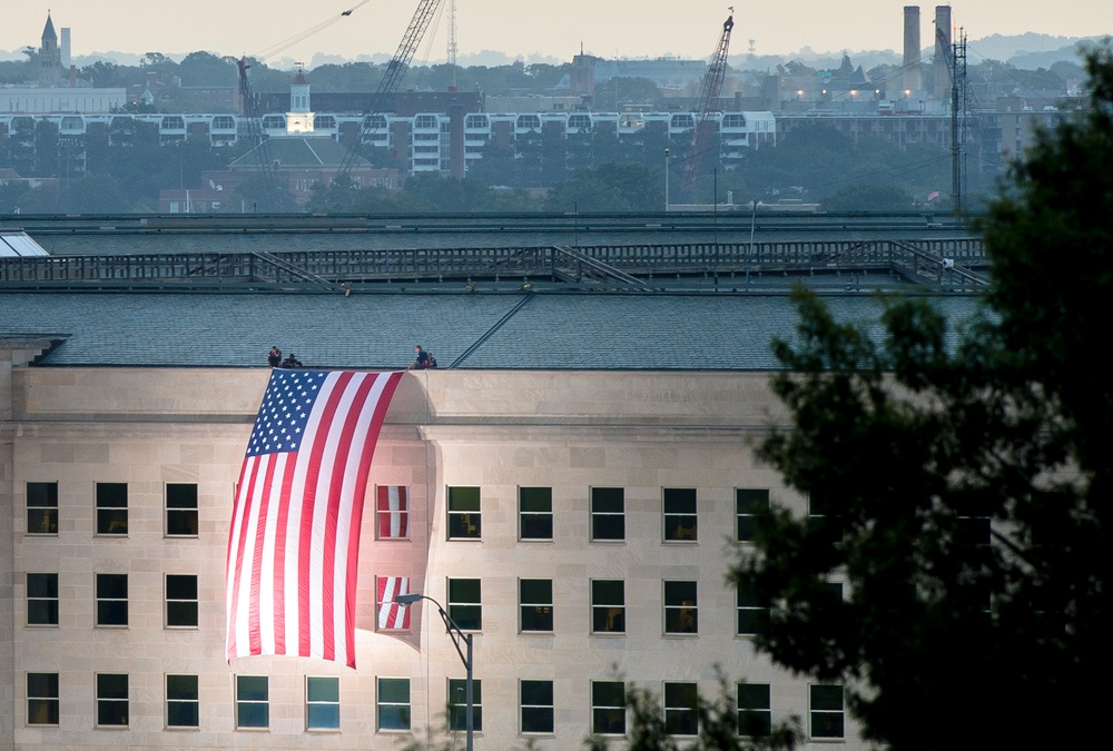 Flag unfurled on side of pentagon