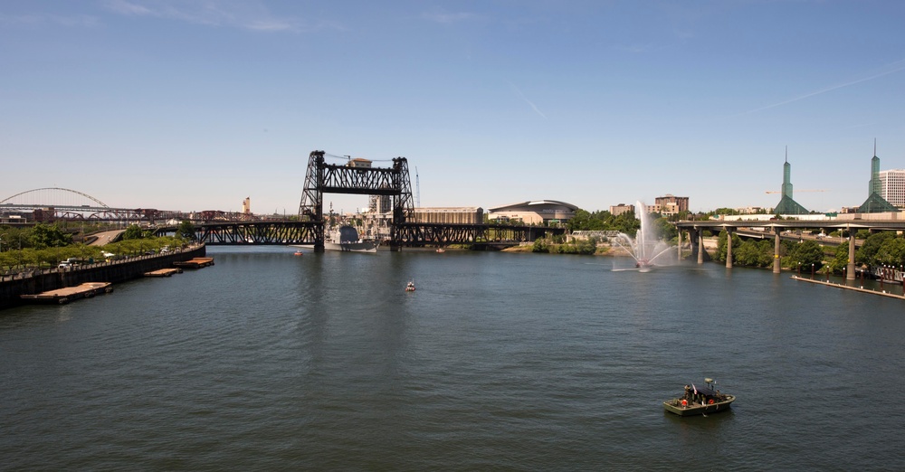 USS Lake Champlain prepares to moor in Portland Harbor