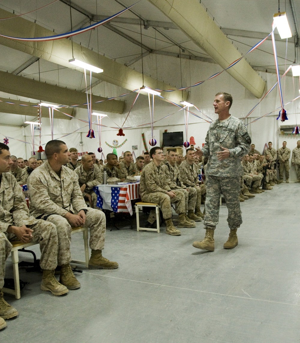 Gen. Stanley McChrystal speaks to Marine Expeditionary Brigade-Afghanistan members at Camp Leatherneck