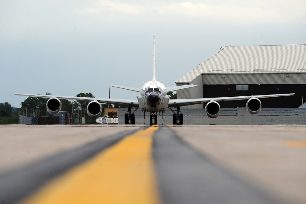 RC-135V/W Rivet Joint aircraft taxis down the flight line