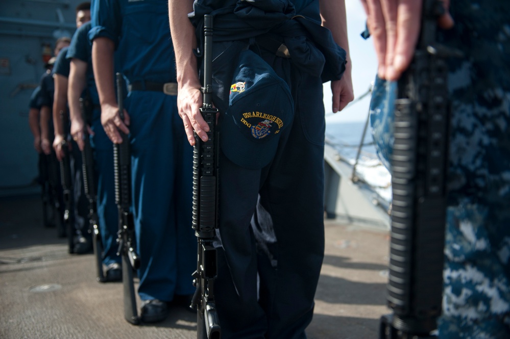 USS Arleigh Burke rifle detail practices burial at sea ceremony formations