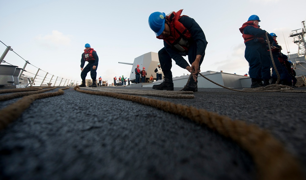 Sailors at work during replenishment at sea