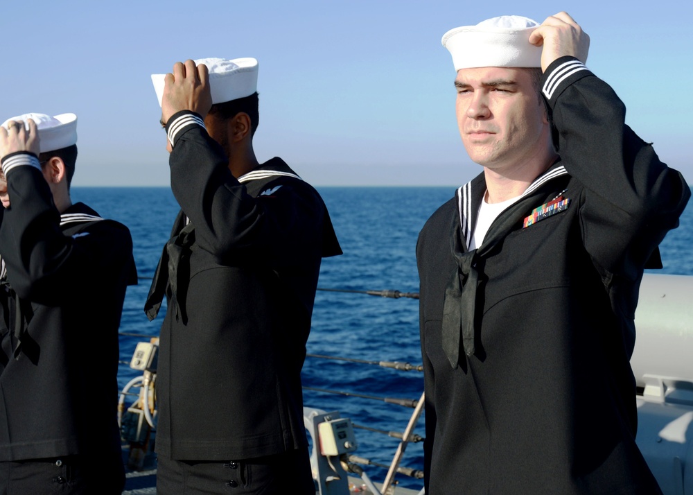 USS Ramage prep for dress blues inspection