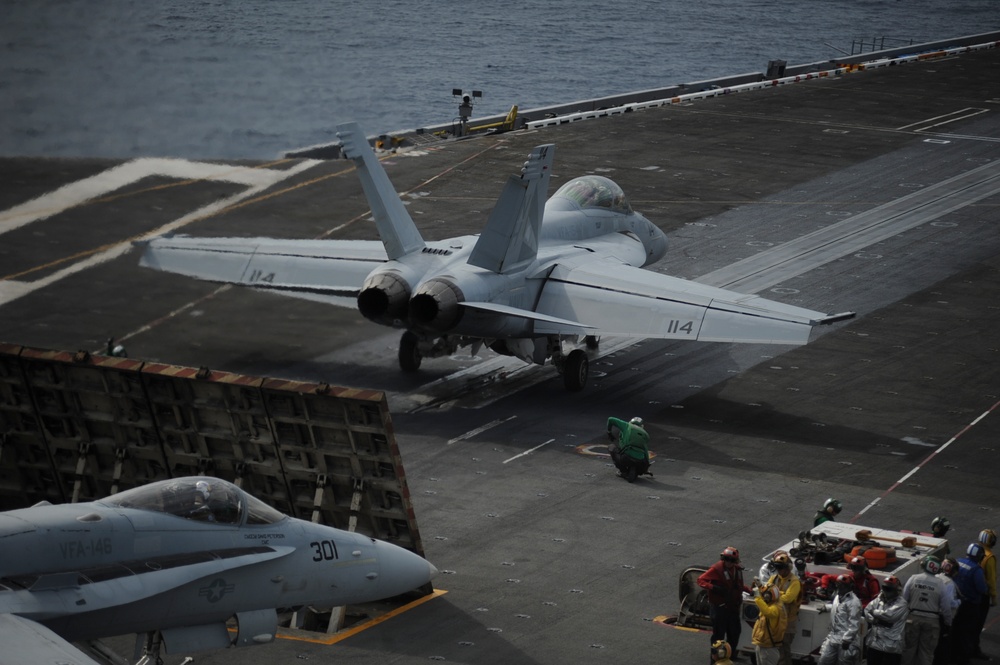 F/A-18F Super Hornet prepares for launch from USS Nimitz