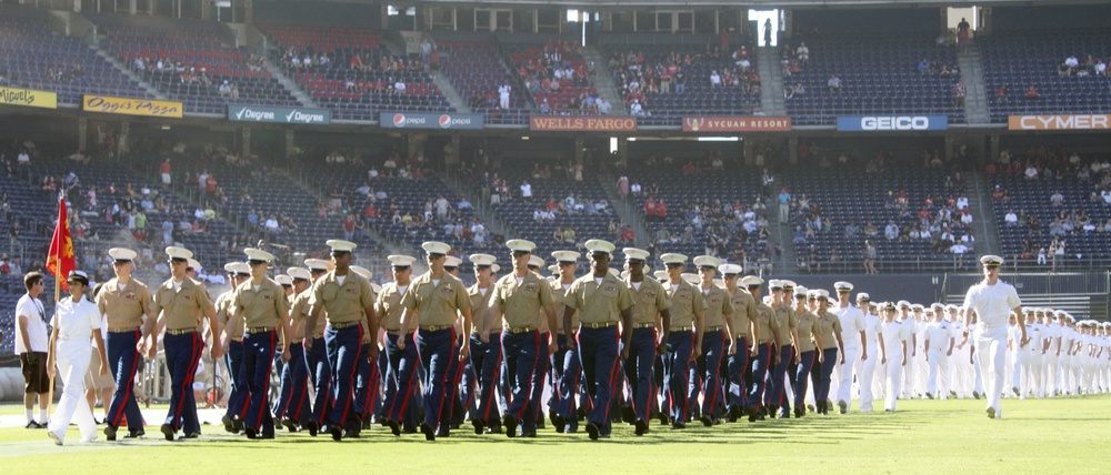 Cadets march onto the field of Qualcomm Stadium