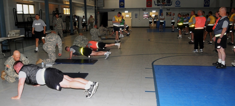 Camp Atterbury Soldiers take part in Army Physical Fitness Test