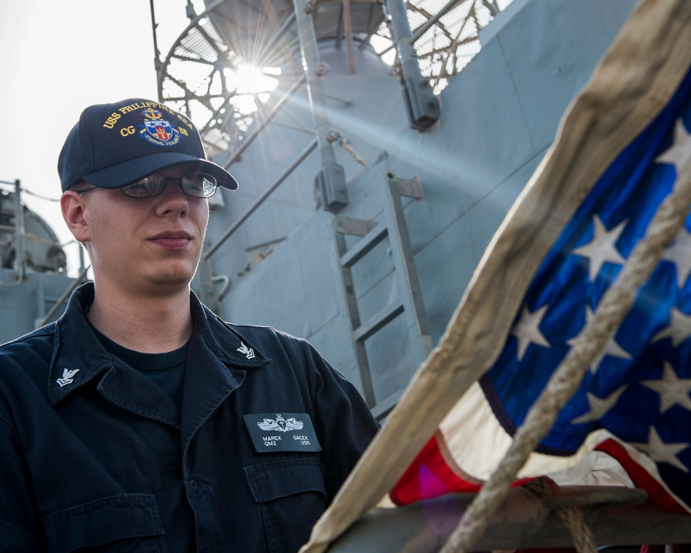 USS Philippine Sea is deployed as part of the George H.W. Bush Carrier Strike Group in support of maritime security operations, theater security cooperation efforts and missions