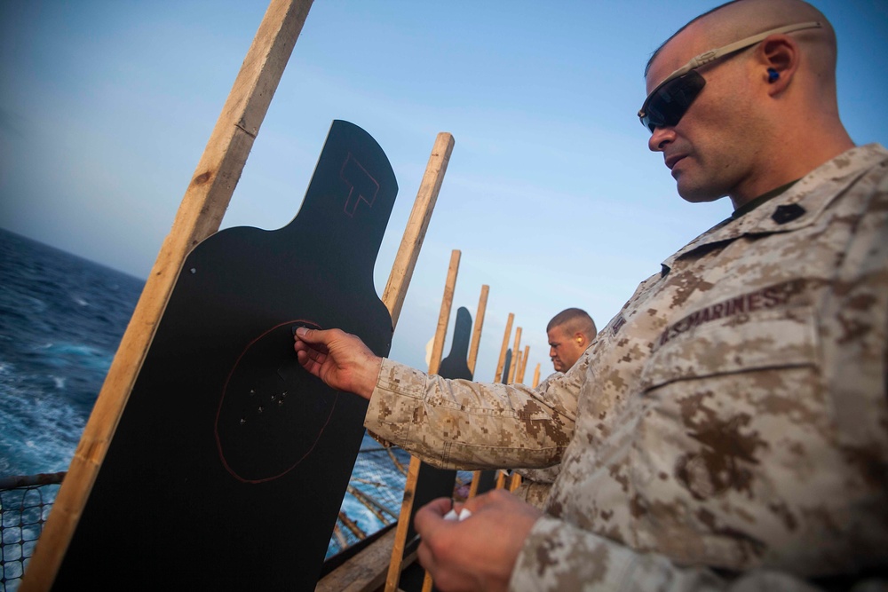 22nd MEU SNCOs, officers conduct pistol range aboard Gunston Hall
