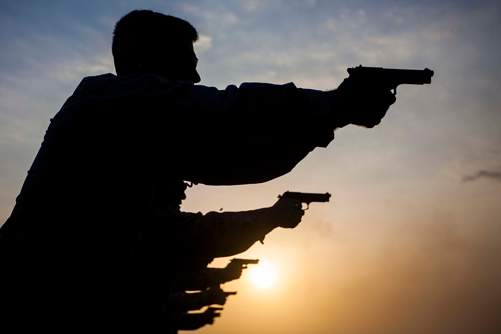22nd MEU SNCOs, officers conduct pistol range aboard Gunston Hall