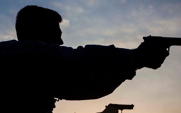 22nd MEU SNCOs, officers conduct pistol range aboard Gunston Hall