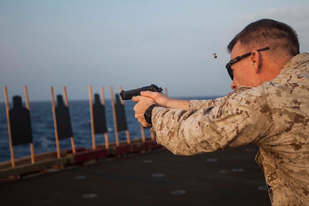 22nd MEU SNCOs, officers conduct pistol range aboard Gunston Hall