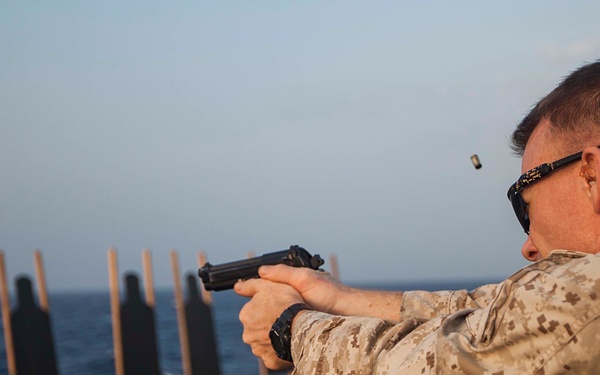 22nd MEU SNCOs, officers conduct pistol range aboard Gunston Hall