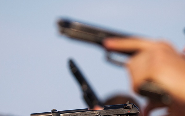 22nd MEU SNCOs, officers conduct pistol range aboard Gunston Hall