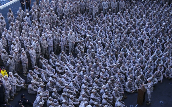 Brig. Gen. Mundy Speaks to the Marines and sailors of the USS Makin Island
