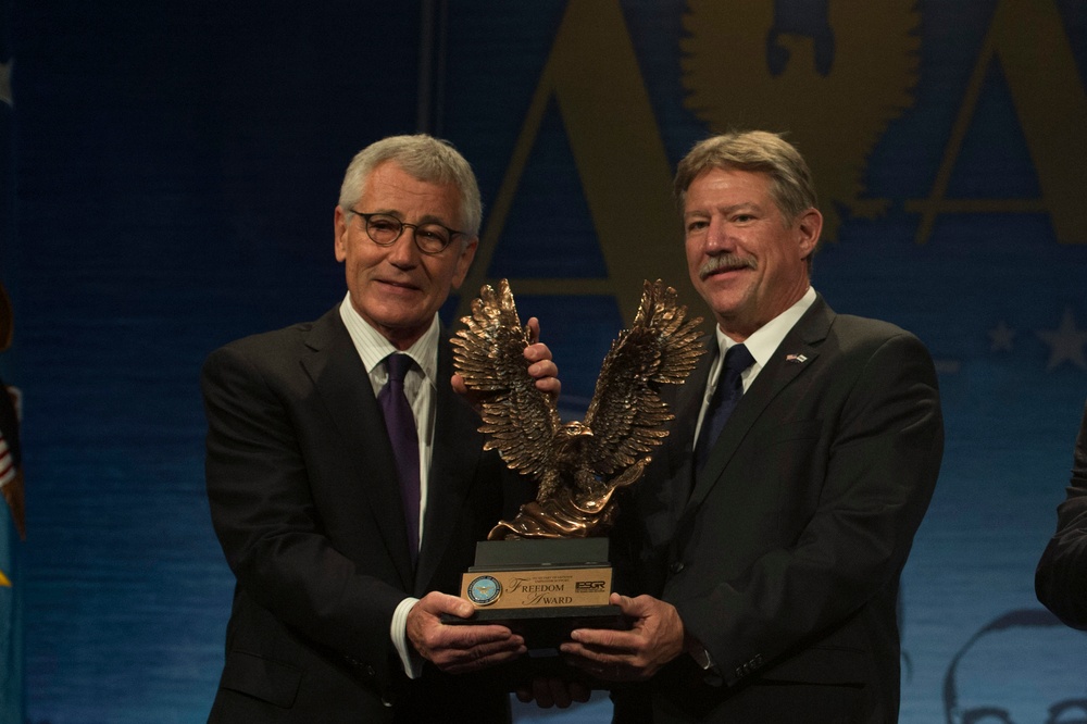 Secretary of Defense Chuck Hagel speaks at Secretary of Defense Freedom Award ceremony