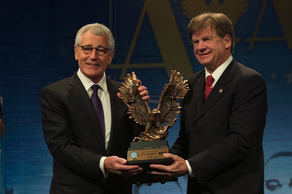 Secretary of Defense Chuck Hagel speaks at Secretary of Defense Freedom Award ceremony