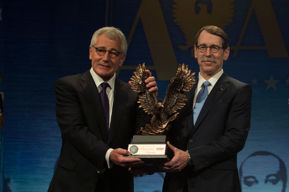 Secretary of Defense Chuck Hagel speaks at Secretary of Defense Freedom Award ceremony