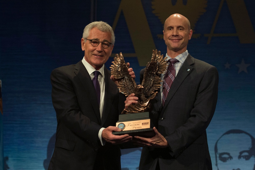 Secretary of Defense Chuck Hagel speaks at Secretary of Defense Freedom Award ceremony