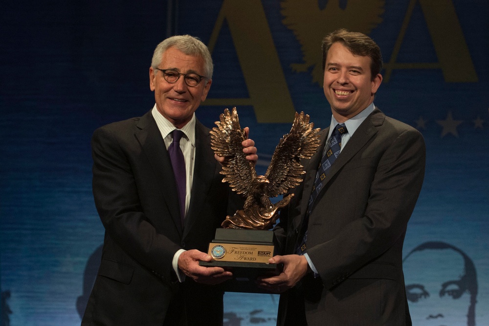 Secretary of Defense Chuck Hagel speaks at Secretary of Defense Freedom Award ceremony