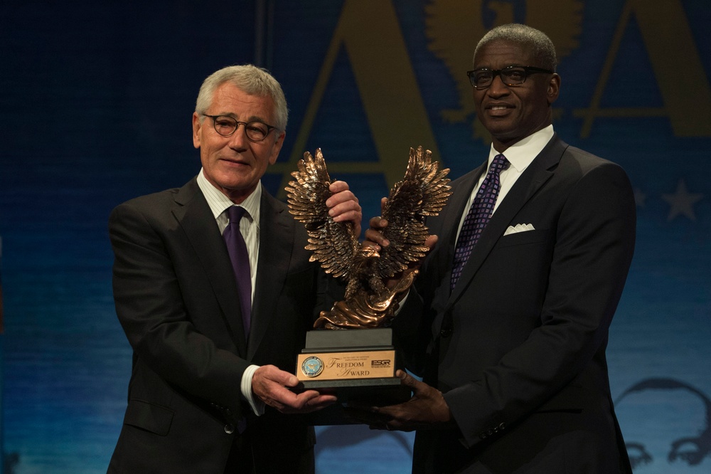 Secretary of Defense Chuck Hagel speaks at Secretary of Defense Freedom Award ceremony