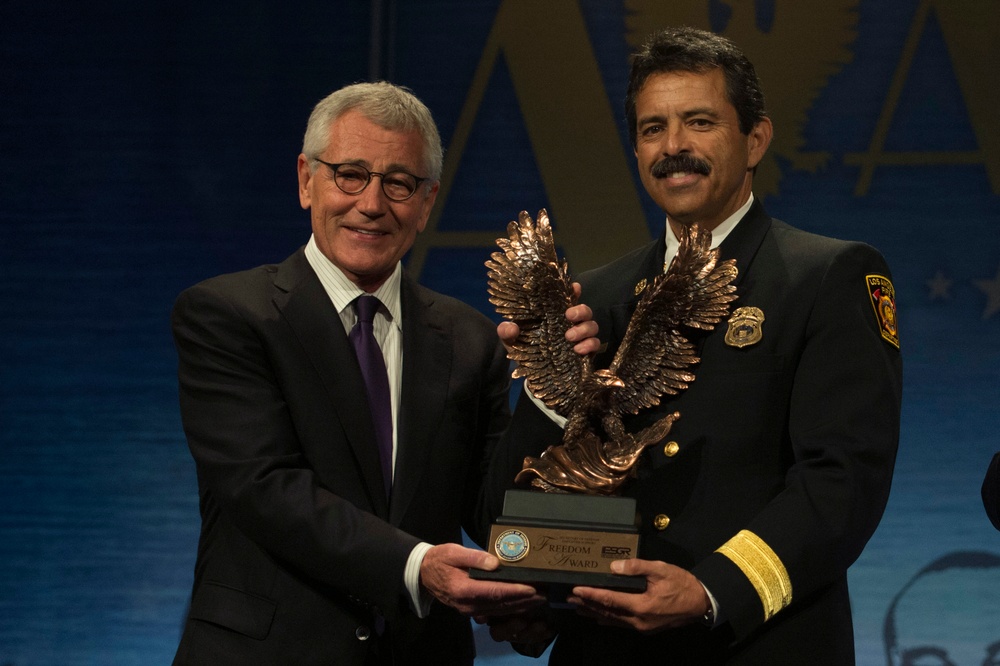 Secretary of Defense Chuck Hagel speaks at Secretary of Defense Freedom Award Ceremony