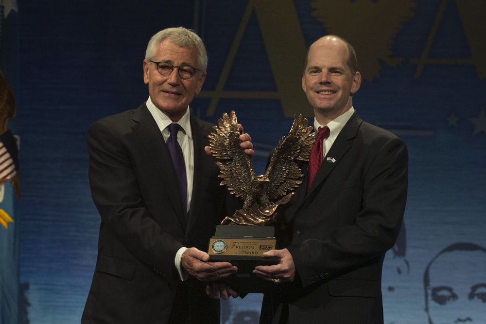 Secretary of Defense Chuck Hagel speaks at Secretary of Defense Freedom Award ceremony