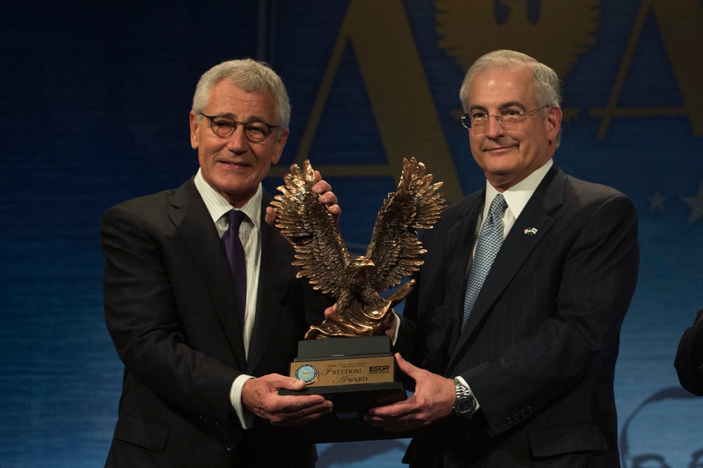 Secretary of Defense Chuck Hagel speaks at Secretary of Defense Freedom Award ceremony