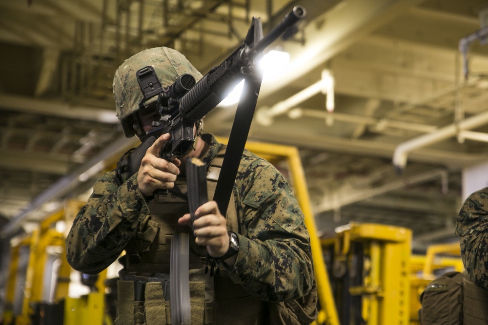 Shipboard reload drills keep Marine rifle skills sharp