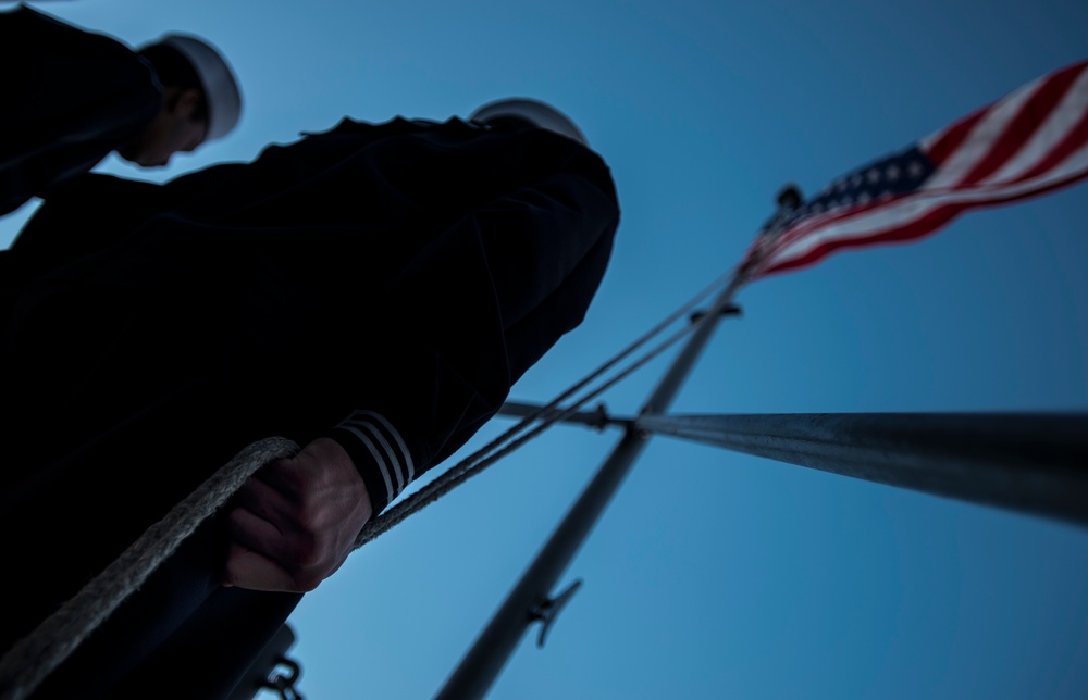 Evening colors aboard future USS America