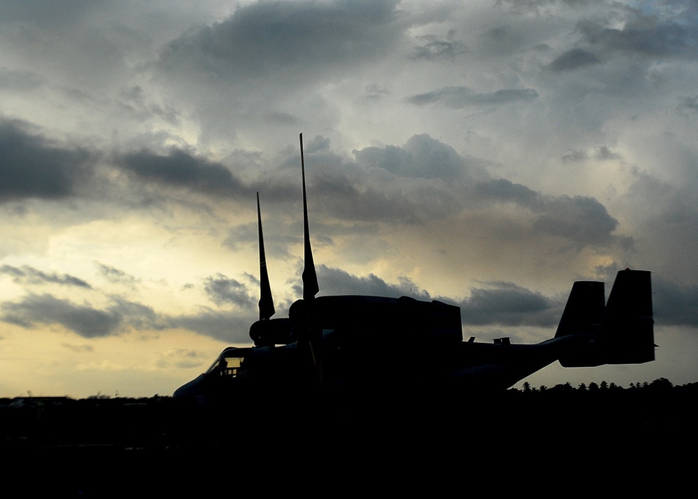 Silhoutte of a recently arrived Osprey in support of Operation United Assistance