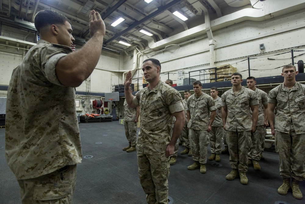 BLT 1/6 Marine reenlists aboard Mesa Verde