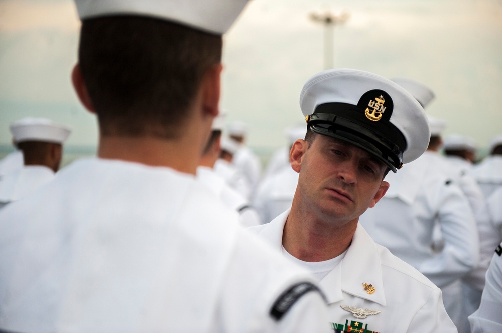 Dress-white uniform inspection aboard USS Harry S. Truman