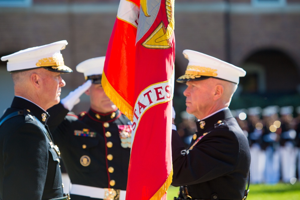 General Amos passing the Marine Corps Colors to the 36th Commandant of the Marine Corps