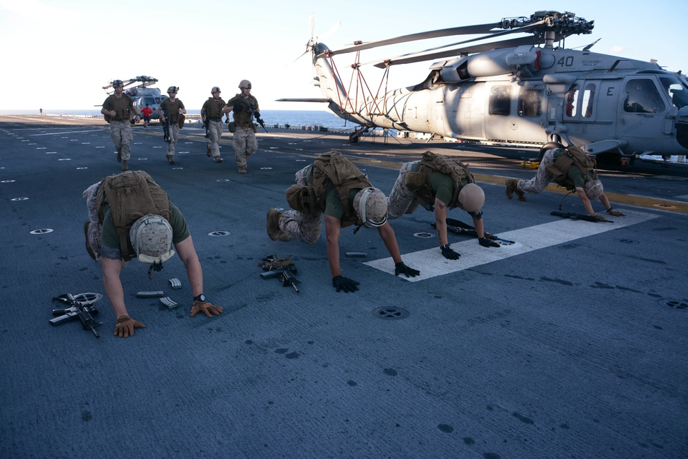 24th MEU Marines conduct physical training on board USS Iwo Jima