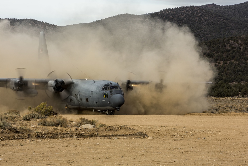 3D MSOB Marines conduct low level static line parachute jumps at Bridgeport, California