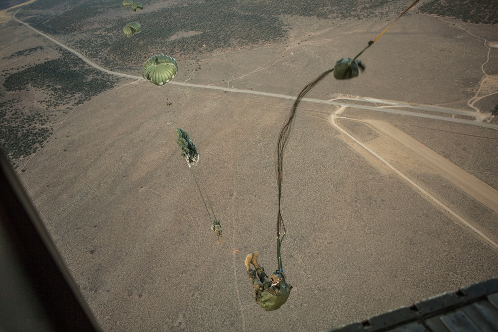 3D MSOB Marines conduct low level static line parachute jumps at Bridgeport, California